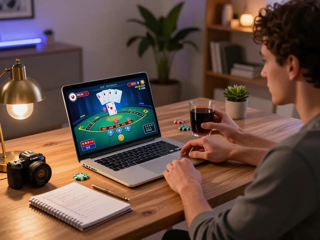 Engaged player at VU88 enjoying an intense online blackjack session, showcasing betting strategies fostered at home.