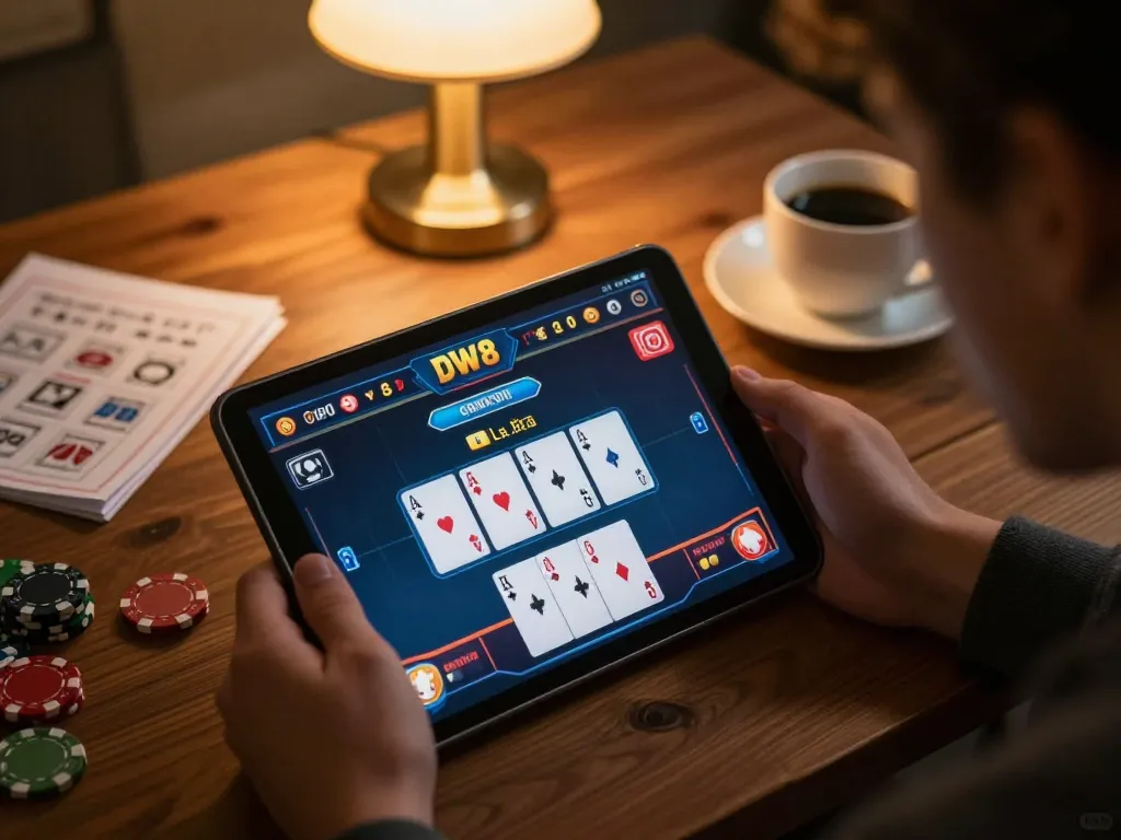 Engaging player exploring DW8 casino platform, focusing on strategic gameplay at home.