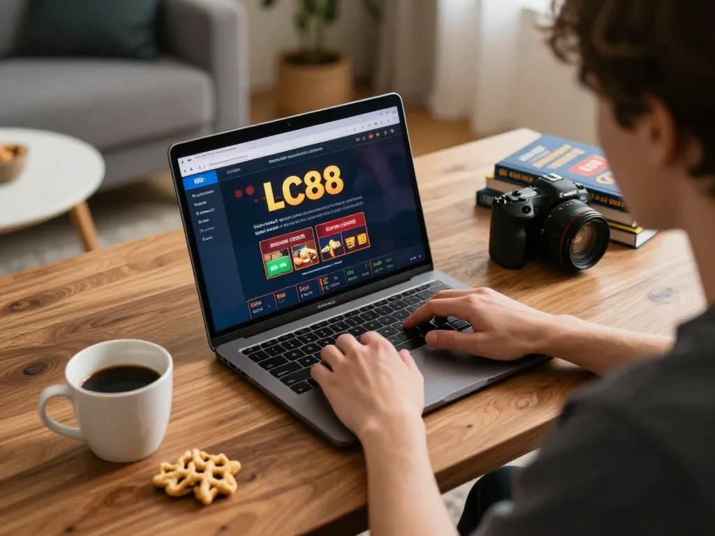 Engaging with the LC88 link on a laptop in a cozy home gaming setup, emphasizing online gambling