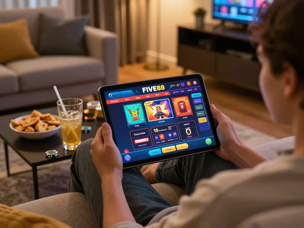 Engaging online gambling with FIVE88 on a tablet at home, showcasing a cozy atmosphere.