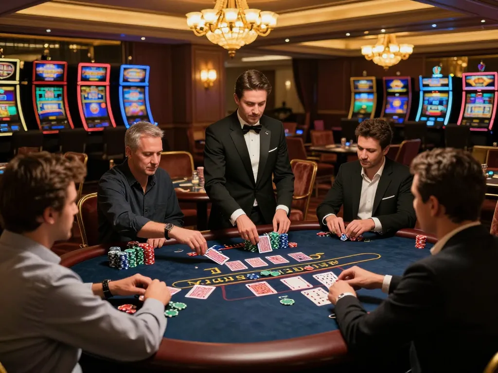 BCX88 players strategizing at a luxurious blackjack table, vibrant chips in a high-stakes casino
