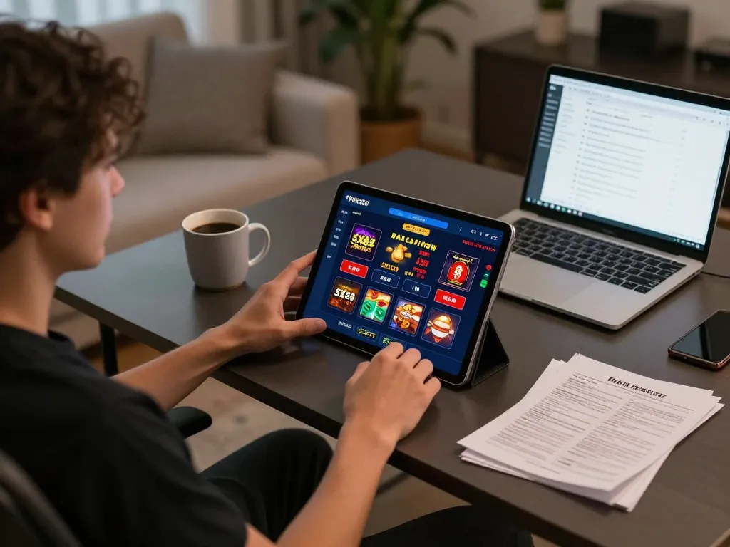 SX88 online gaming session showing a player engaging with a tablet in a cozy setting.