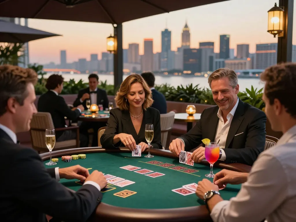 Engaged players strategizing their bets at sunwingo casino's upscale terrace