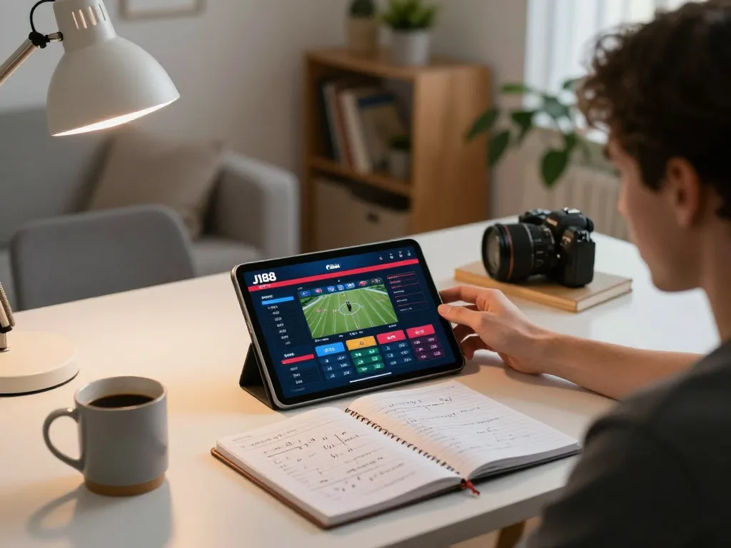 Player engaging in sports betting on j188 using a tablet, showcasing excitement and strategy.