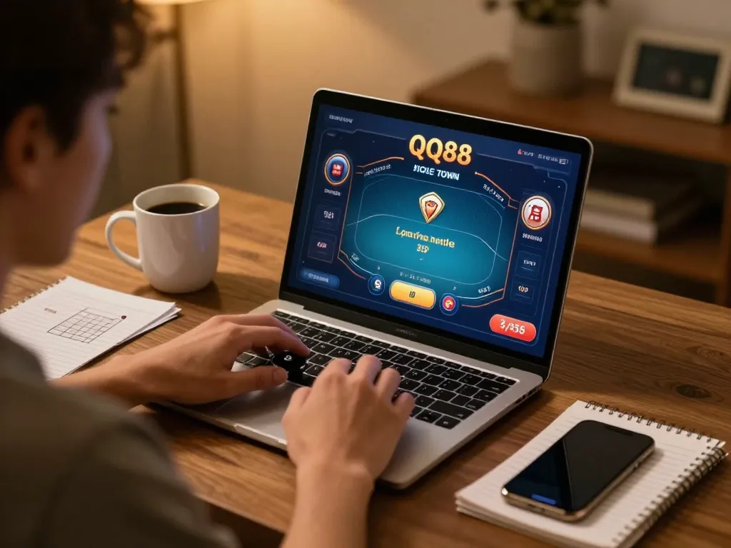 Player immersed in online poker on QQ88 gaming site in stylish home office setup