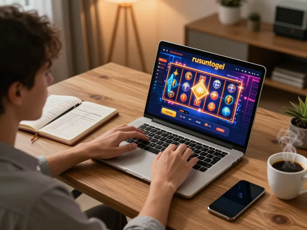 Engage with the rusuntogel online platform through a stylish home gaming setup featuring a laptop display and casual ambiance.