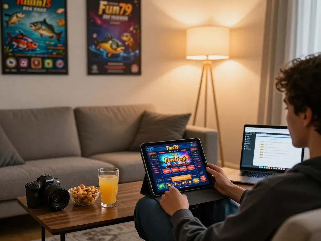 Player enjoying Fun79 online casino game with tablet, cozy home setting conveying responsible gambling.