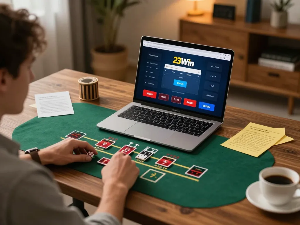 Player immersed in live dealer game on 23Win platform, showcasing strategic betting in a cozy home office.