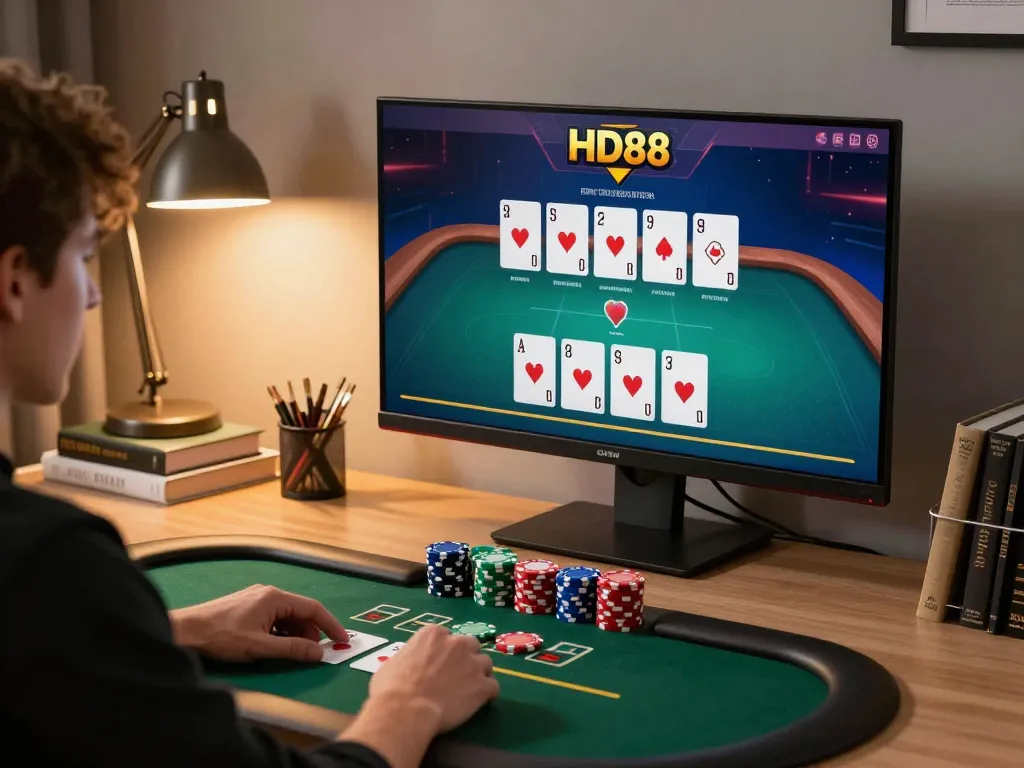 Engaging with HD88 online poker, a player places bets during a live dealer game illuminated by warm lighting.