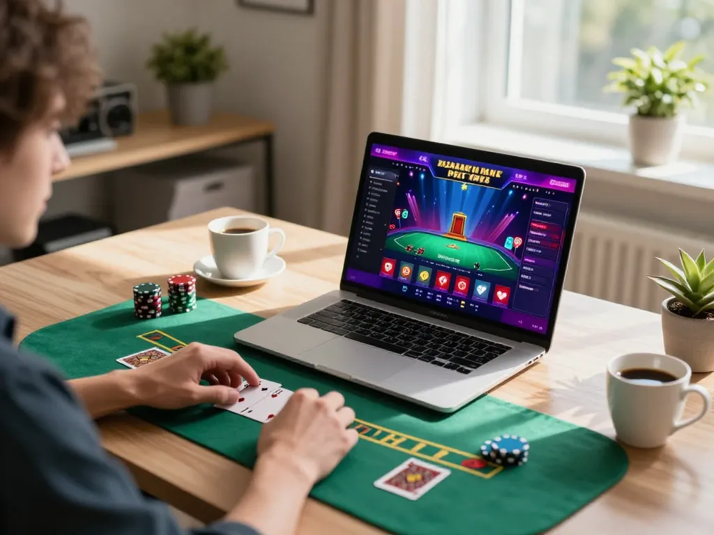 Player engaging with 888b live dealer blackjack online, laptop displaying vibrant game interface