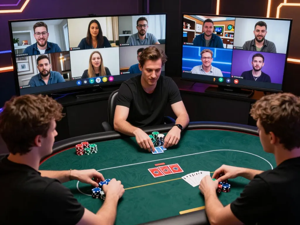FABET players engaging in strategic online poker gameplay with chips and cards visible