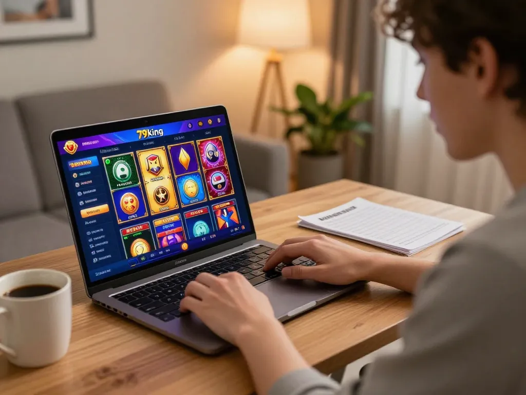 Engaging with 79king gaming interface at home with strategic focus and cozy atmosphere.