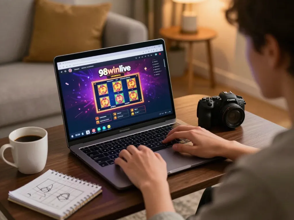 Engaged player enjoying online games with 98winlive interface on laptop in a warm, inviting home