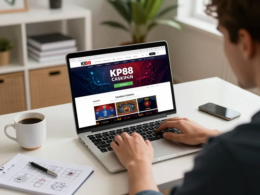 Engaging with kp88 online casino on a laptop at a stylish desk during an exciting gaming session.