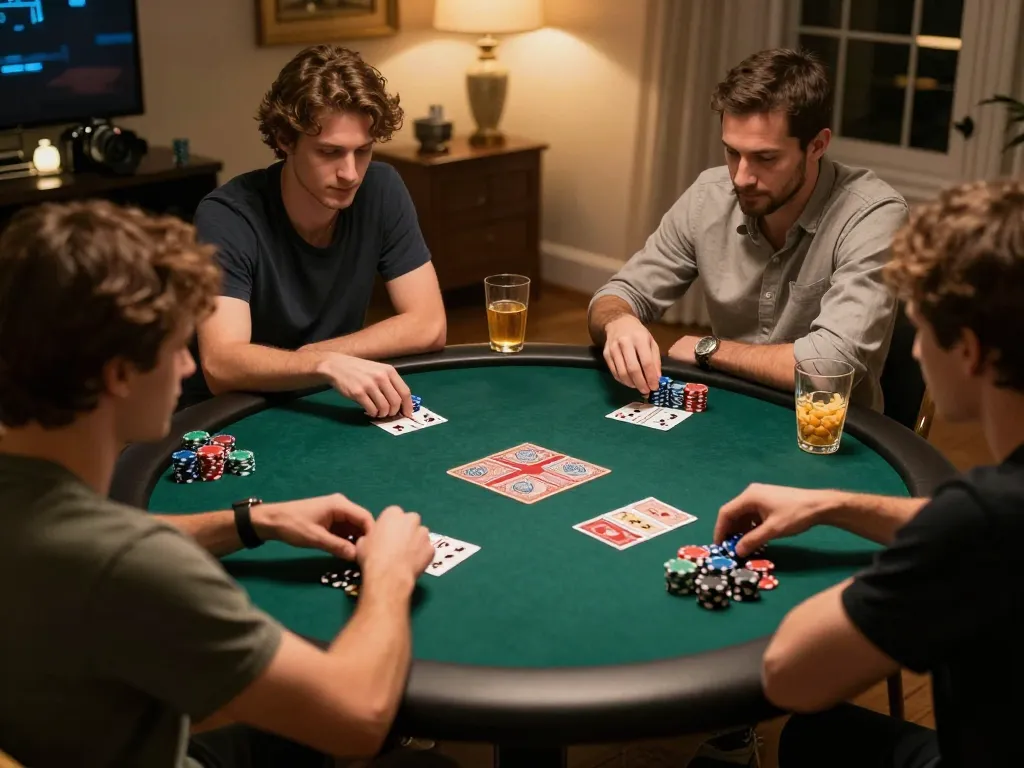 Engaging poker night with friends at home, showcasing strategic gameplay and camaraderie at trang chủ 33win.