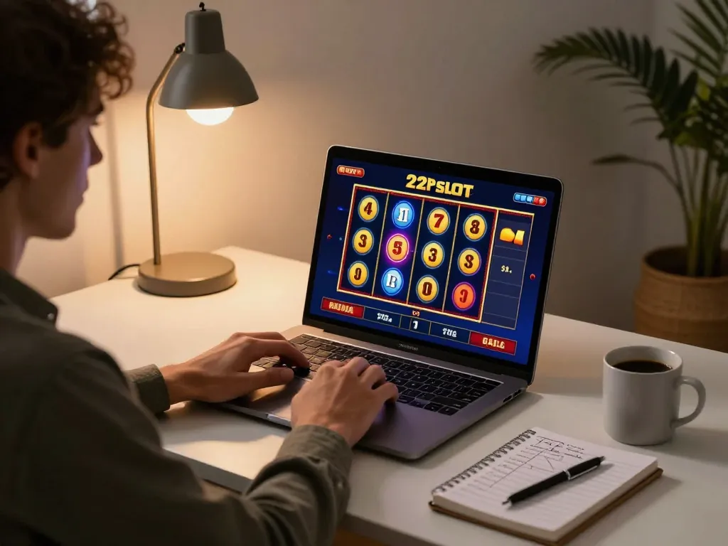 Engaged player enjoying 92slot online gaming on a laptop with vibrant slot reels.