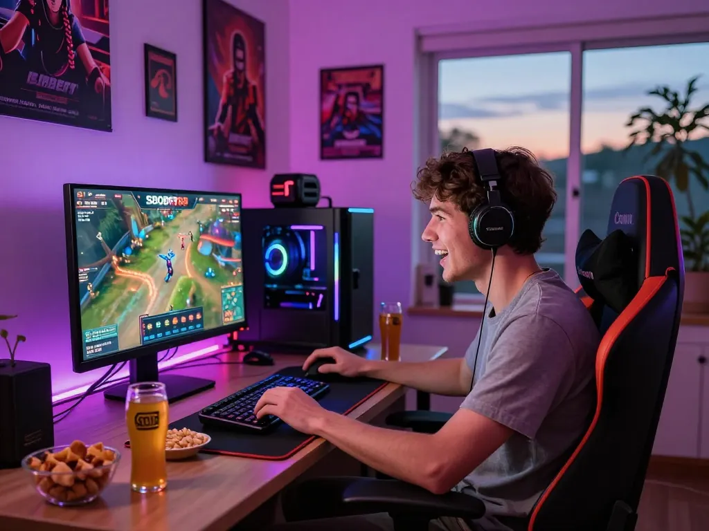 Exciting SBOBET88 gaming experience with a player engaged in online betting and vibrant gaming setup.