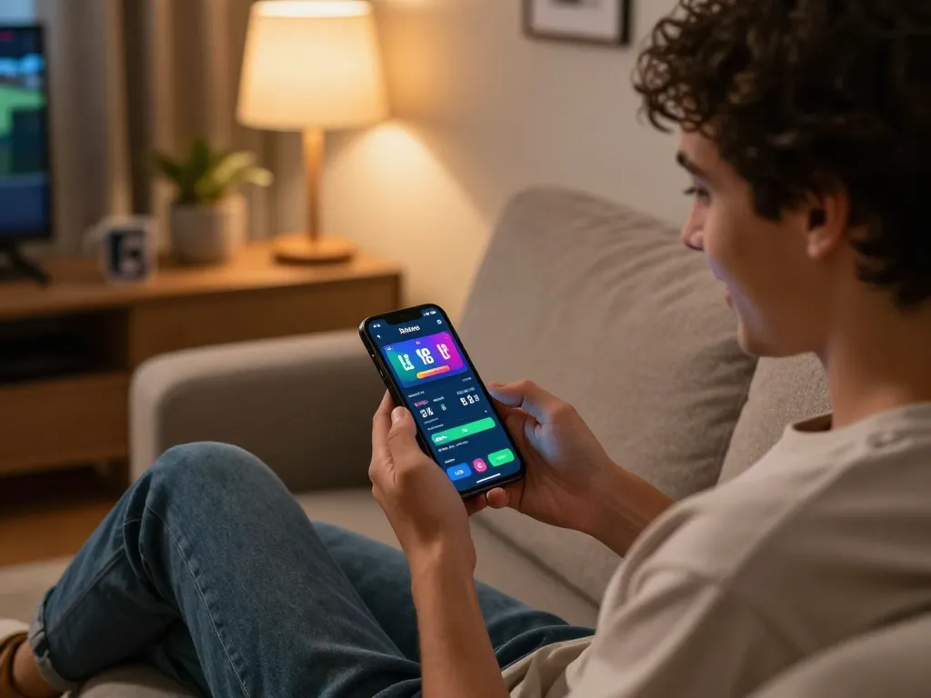 Giocatore impegnato che esplora opzioni di bonus bookmaker non AAMS su smartphone, godendo dell'esperienza di scommessa competitiva.