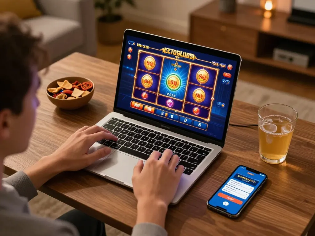 Player enjoying lc88 online slots in a comfortable home setup, showcasing vibrant game graphics.