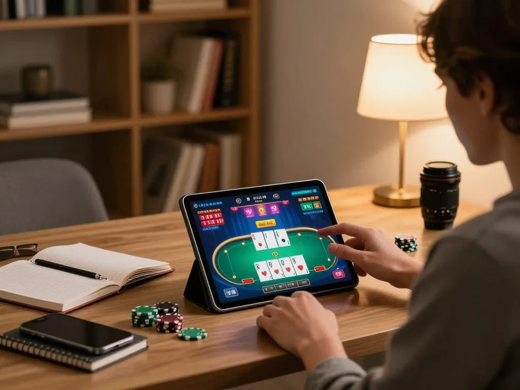 KU88 user enjoying online poker on tablet in stylish home office, showcasing strategy and comfort