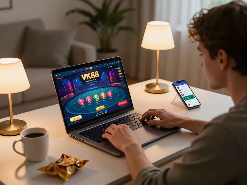 Player engaging in VK88 online casino poker game on laptop, showcasing interactive interface and cozy setup