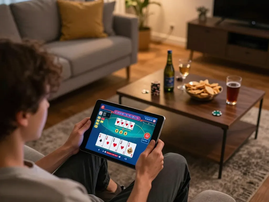 Player enjoying poker online using link may88 on tablet at home, with snacks and cozy atmosphere.