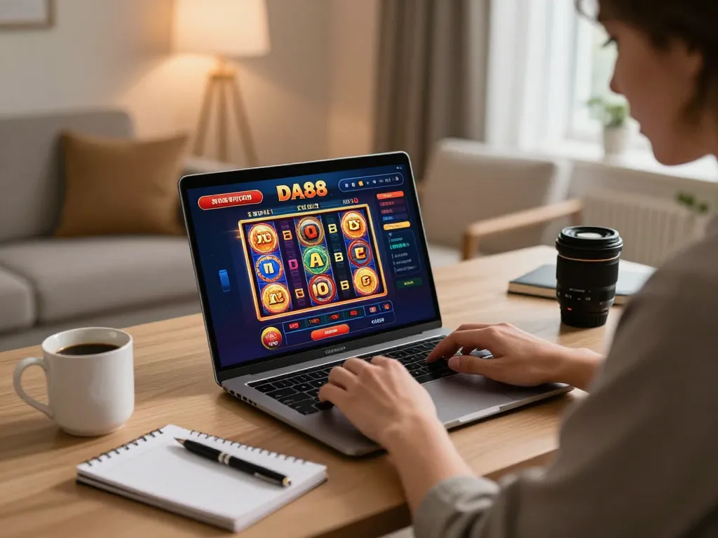 Person playing da88 online casino slot games at home, engaged in strategic gameplay.