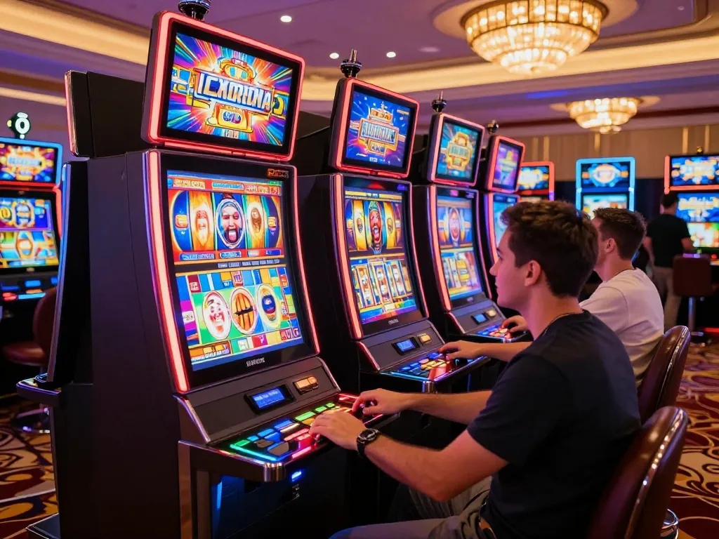 Kesenangan permainan Slot Gacor dengan pemain di mesin slot yang cerah di lingkungan kasino mewah