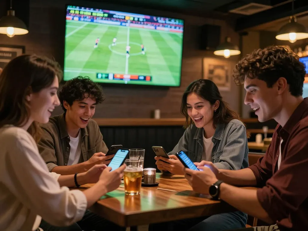 Kèo nhà cái kept in focus as friends celebrate a winning bet in a lively sports betting bar.