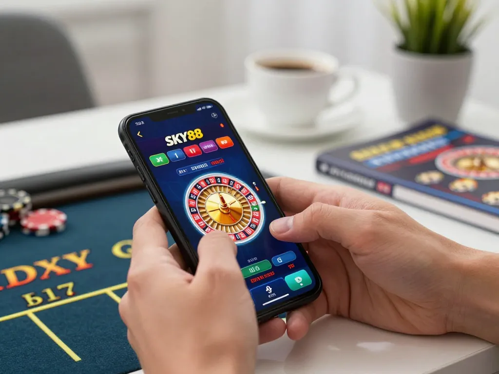 SKY88 mobile app showcasing vibrant roulette game action in modern home setting