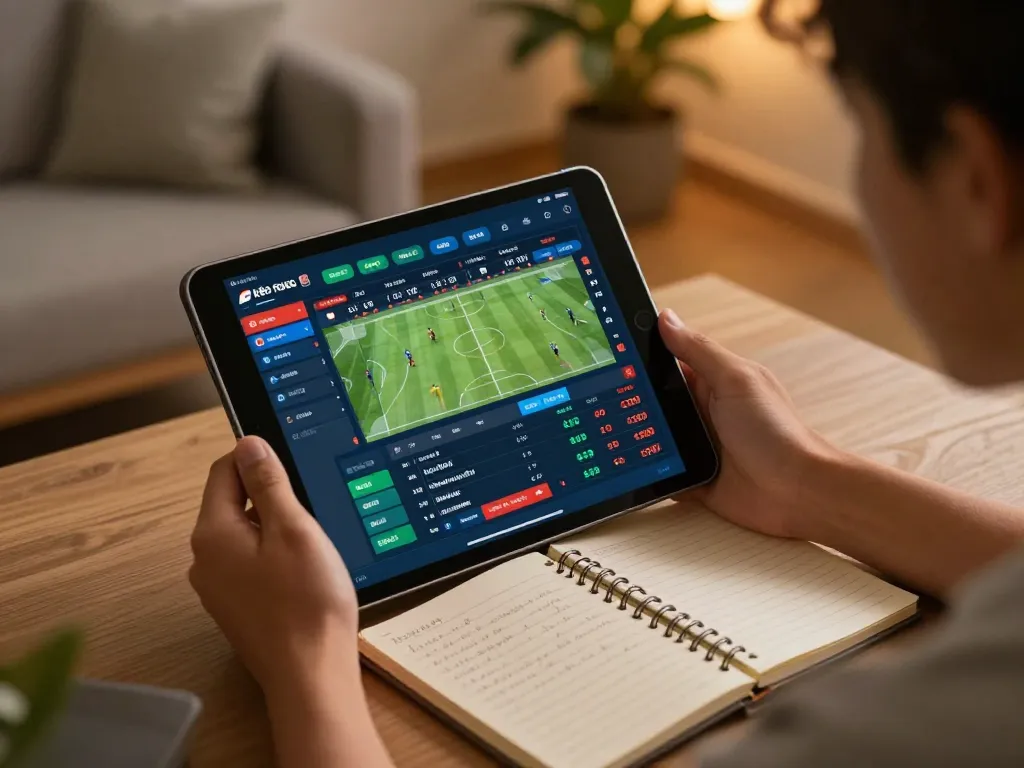 Person utilizing tablet for kèo bóng đá trực tuyến sports betting, showcasing a vibrant betting interface and calm atmosphere.