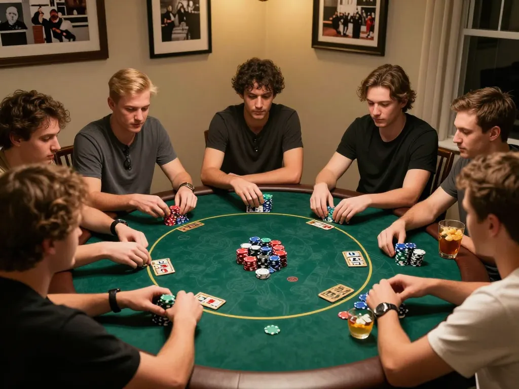 Friends engaged in a competitive poker game at home, showcasing link xo88 for exciting online gaming strategies.
