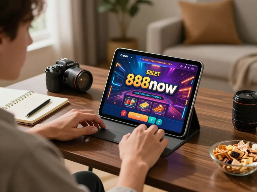 Engaging with 888now on a tablet while enjoying a cozy gaming ambiance at home.