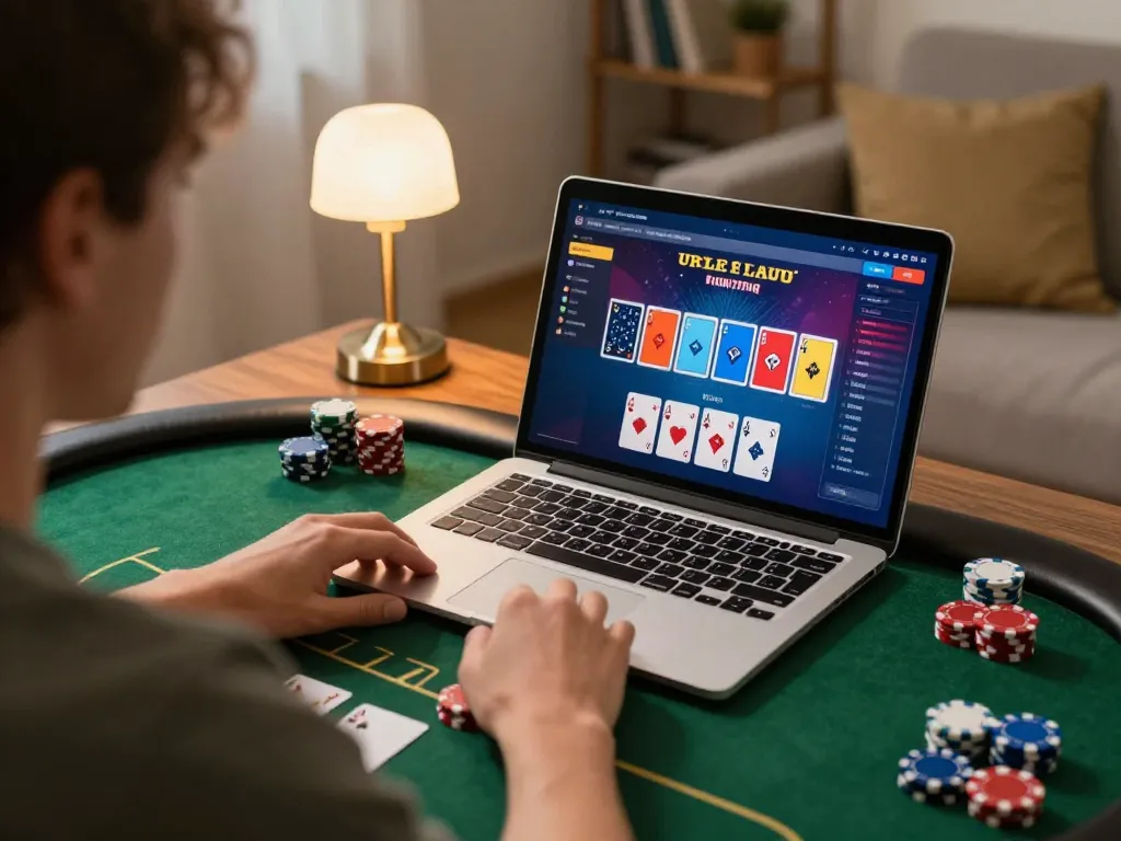 Player engaging in online poker using DEBET interface at home, showcasing vibrant gameplay.