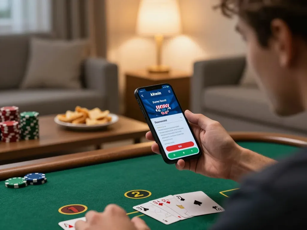 Player enjoying a live blackjack game on the kkwin app, surrounded by snacks and strategy notes.