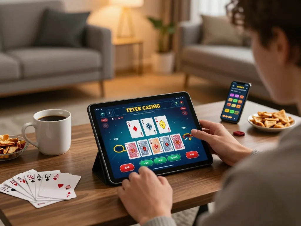 This person passionately engages with the ee88 casino app for blackjack from a cozy living room.