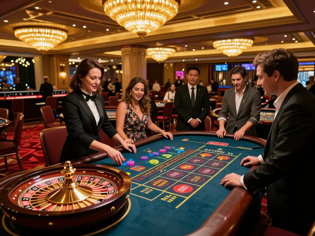 Experience the thrill of Bsport gaming at a vibrant roulette table with players engaged in action.