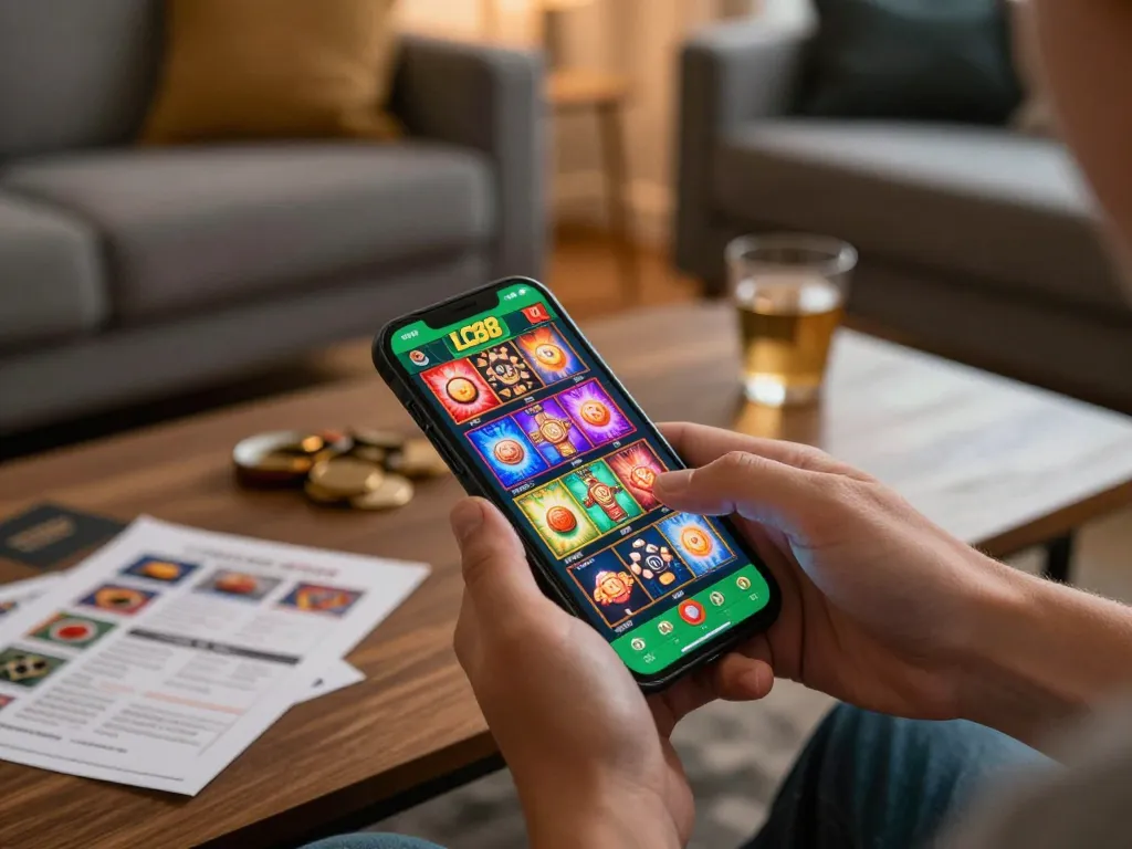 Engaging user playing on the LC88 app in their cozy living room, showcasing modern online casino gameplay.