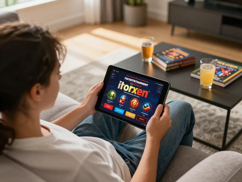 Person strategizing online gaming with torxentertainment app on tablet, cozy home atmosphere.