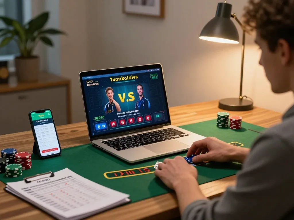 Player engaging in live dealer blackjack online at tr88, showcasing strategic gameplay in a stylish home office.