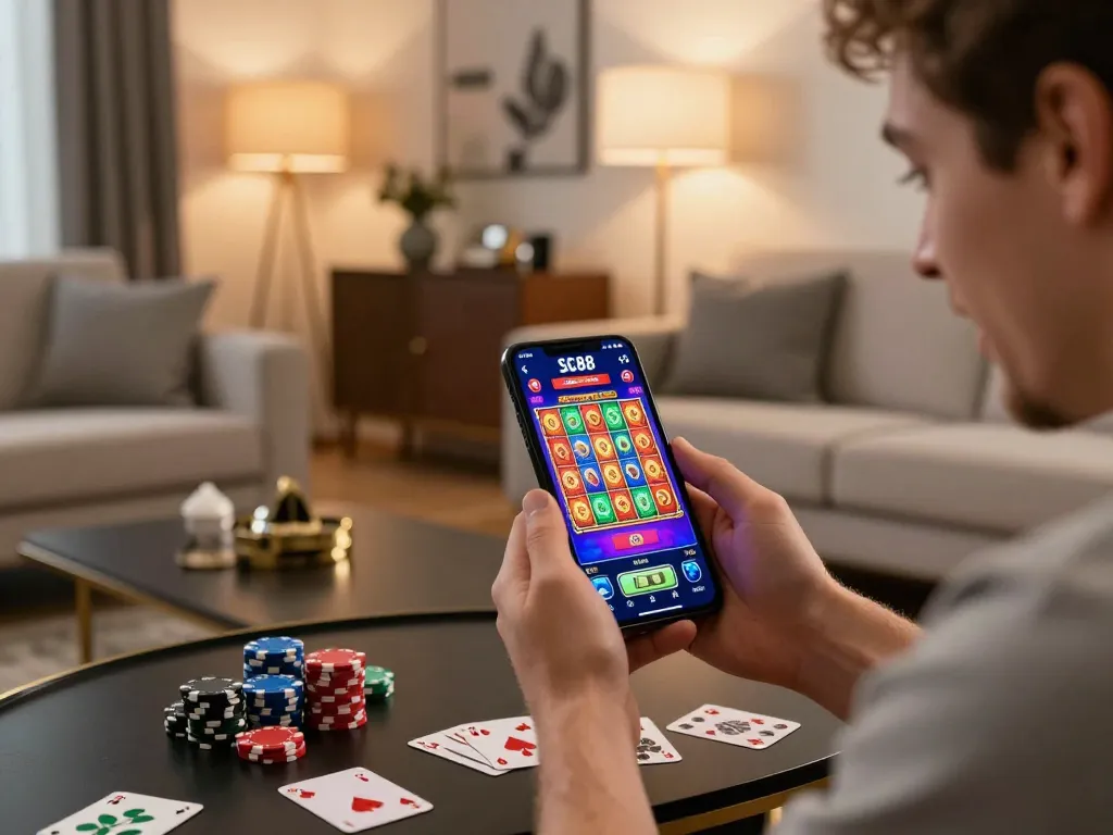 Engaging in SC88 mobile gaming with vibrant slot visuals showcased on a smartphone