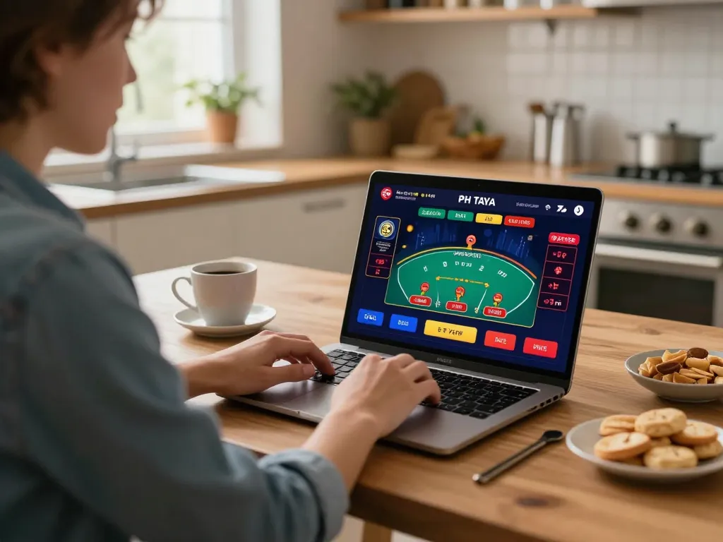 Engaging in PH TAYA online casino gaming with live blackjack on a laptop, cozy home setting.
