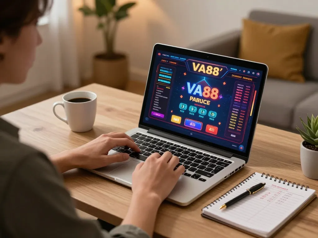 Player engaging with VA88's online casino interface while preparing betting strategies at home.