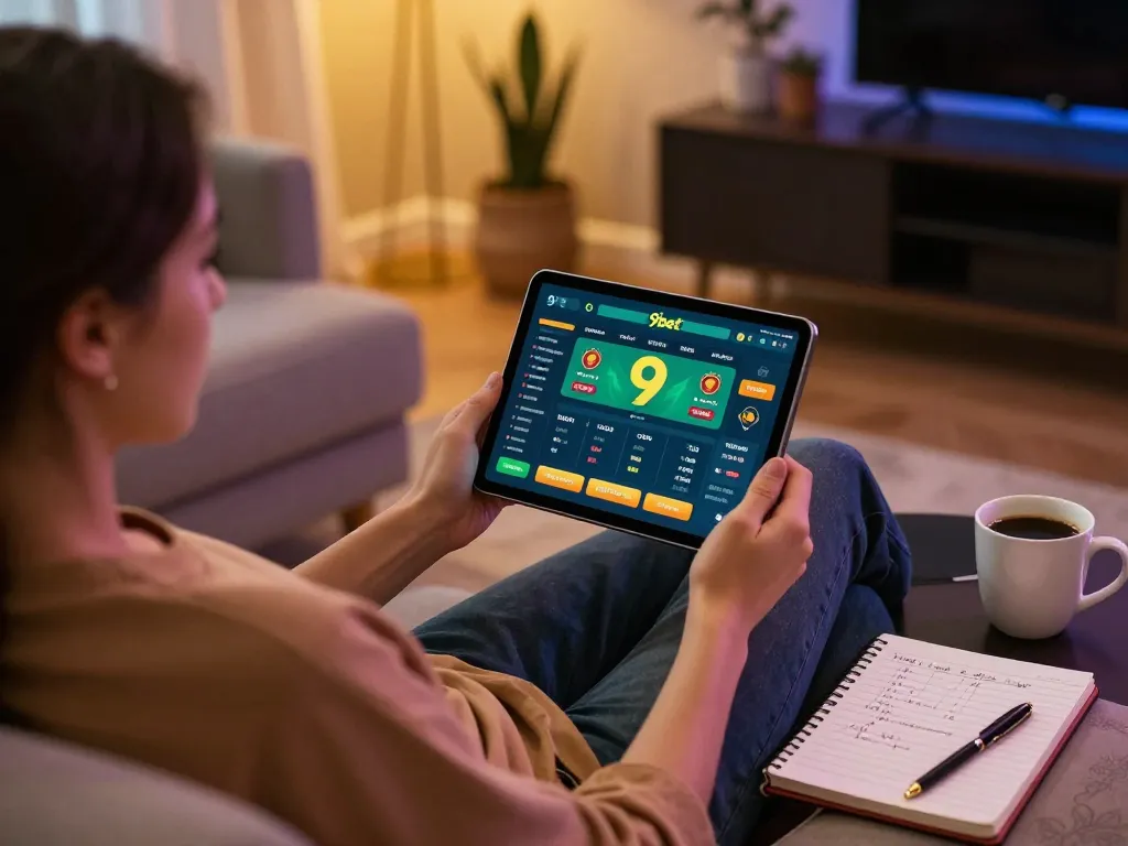 Engaged user placing bets on 9bet sports betting app during a cozy home gaming session.