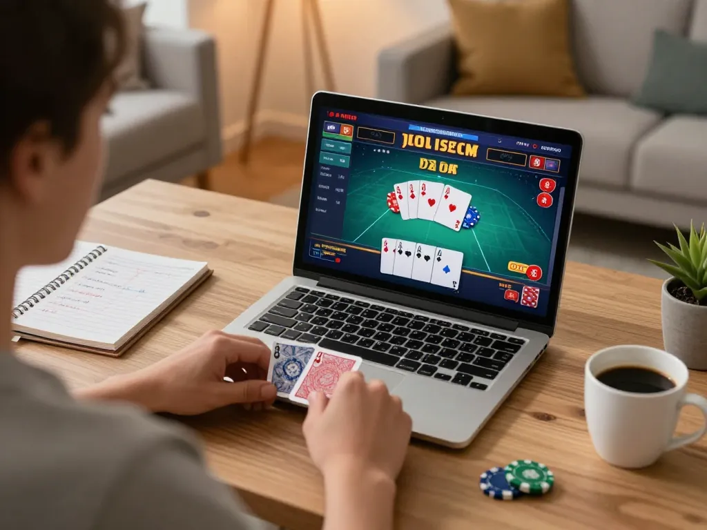 Player enjoying online gambling at 32win with engaging poker interface and strategic notes.