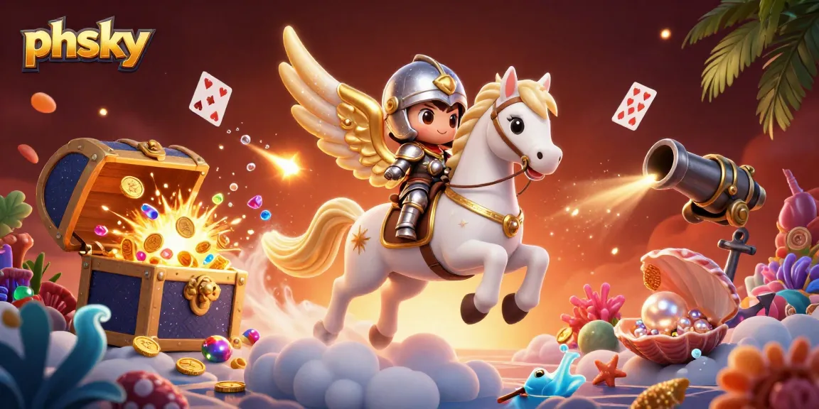 PHSKY casino app soaring through the clouds with a cosmic horse and knight amidst gold coins and colorful gems.