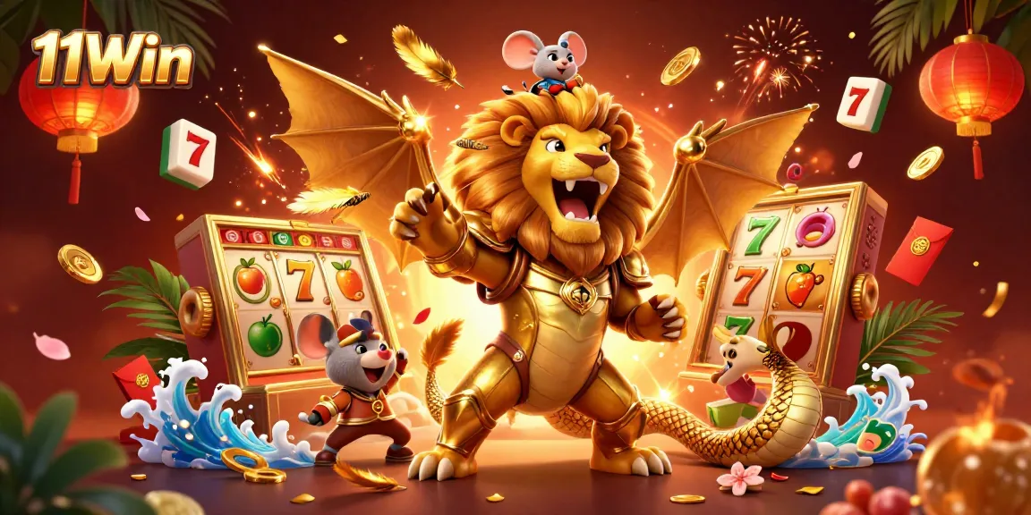 Experience thrilling wins with 11Win in a colorful 3D casino illustration showcasing vibrant slot reels and a lucky chimera.