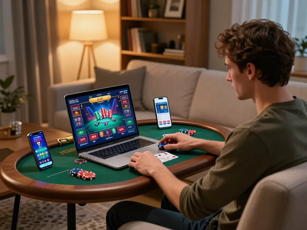 Engaging online gaming scene demonstrating impactxoft in a modern home setup featuring poker gameplay.