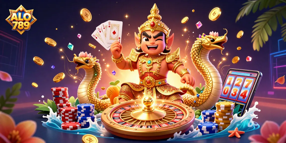 ALO789 showcases a vibrant 3D casino scene with gold coins, cards, and a guardian character.