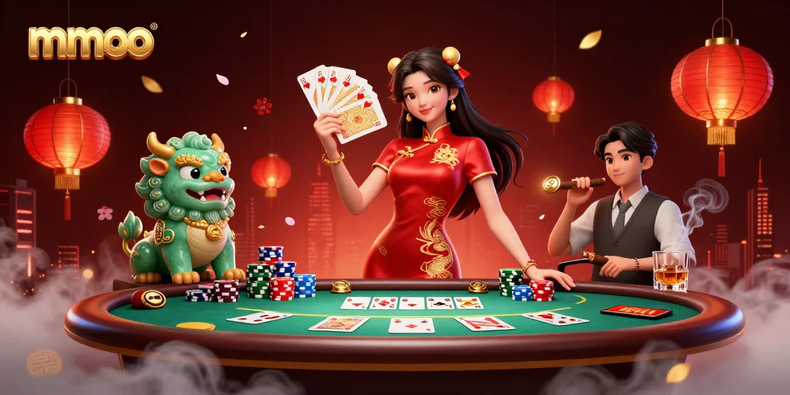 Engage with mmoo in an entertaining poker scene featuring a woman in a traditional qipao dress and a jade lion guardian.
